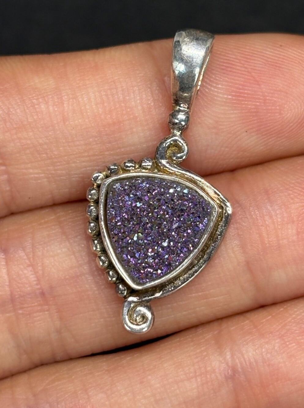 Designer Signed Sajen Sterling Silver 925 Amethyst Druzy Drusy Heart Pendant
